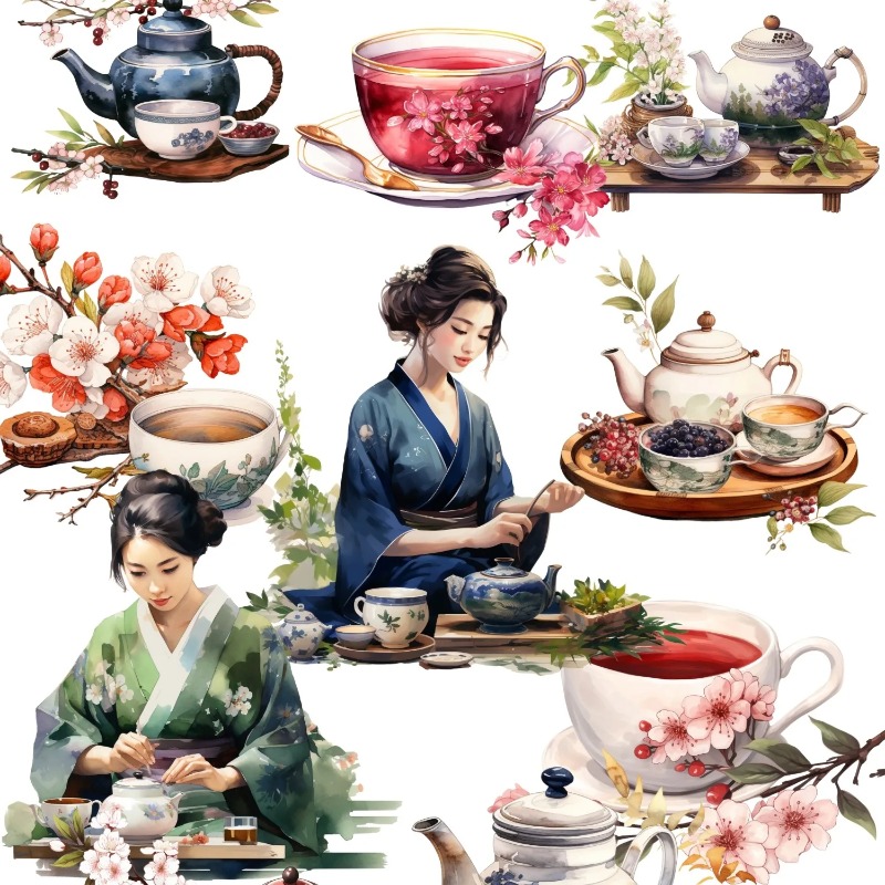 Vintage Fashion Magazine - Cute Watercolor Tea Ceremony, Art Stickers