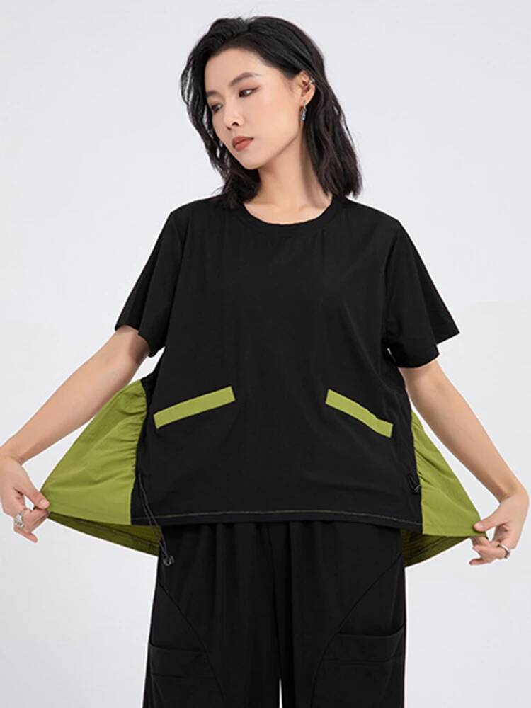 Vintage Fashion Build - Green Color-block Women Back Long Big
