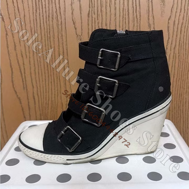 Vintage Fashion Boots - Grey Multi Buckle High Top Wedge