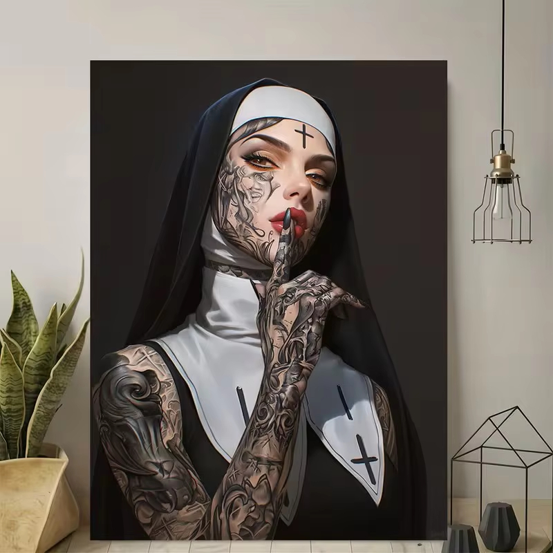Fashion Girl Tattoo Nun Canvas - Vintage Fashion Art 评论和价格