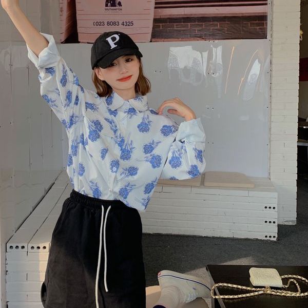 Rose Print Long Sleeve Loose W - Vintage Fashion Hong Kong 评论和价格