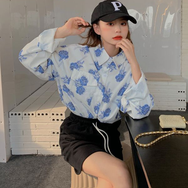 Rose Print Long Sleeve Loose W - Vintage Fashion Hong Kong 评论和价格