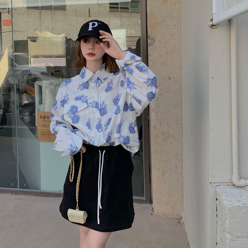 Rose Print Long Sleeve Loose W - Vintage Fashion Hong Kong 评论和价格