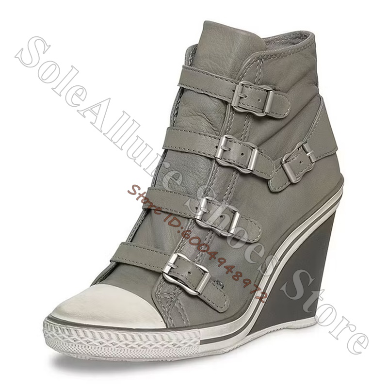 Grey Multi Buckle High Top Wed - Vintage Fashion Boots 评论和价格